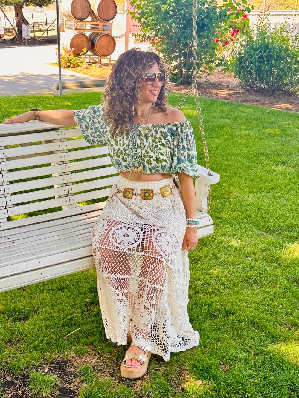 Angie Green Leaf Off-Shoulder Crochet Crop Top